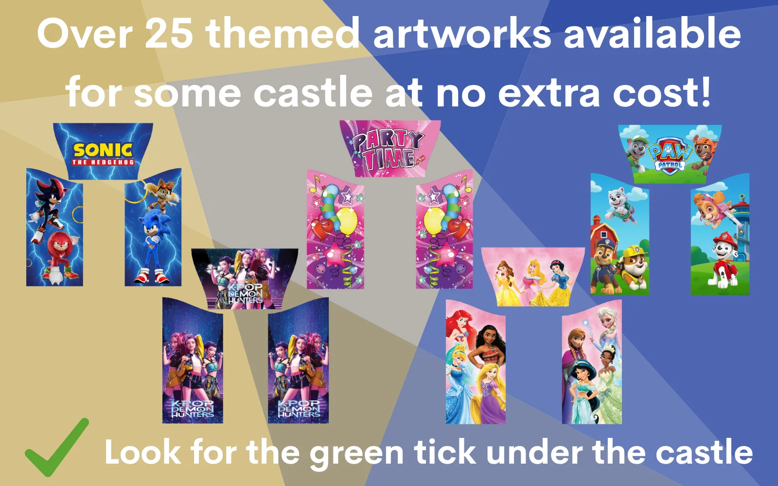 Selection of artwork themes available for Blue Duo Events inflatables