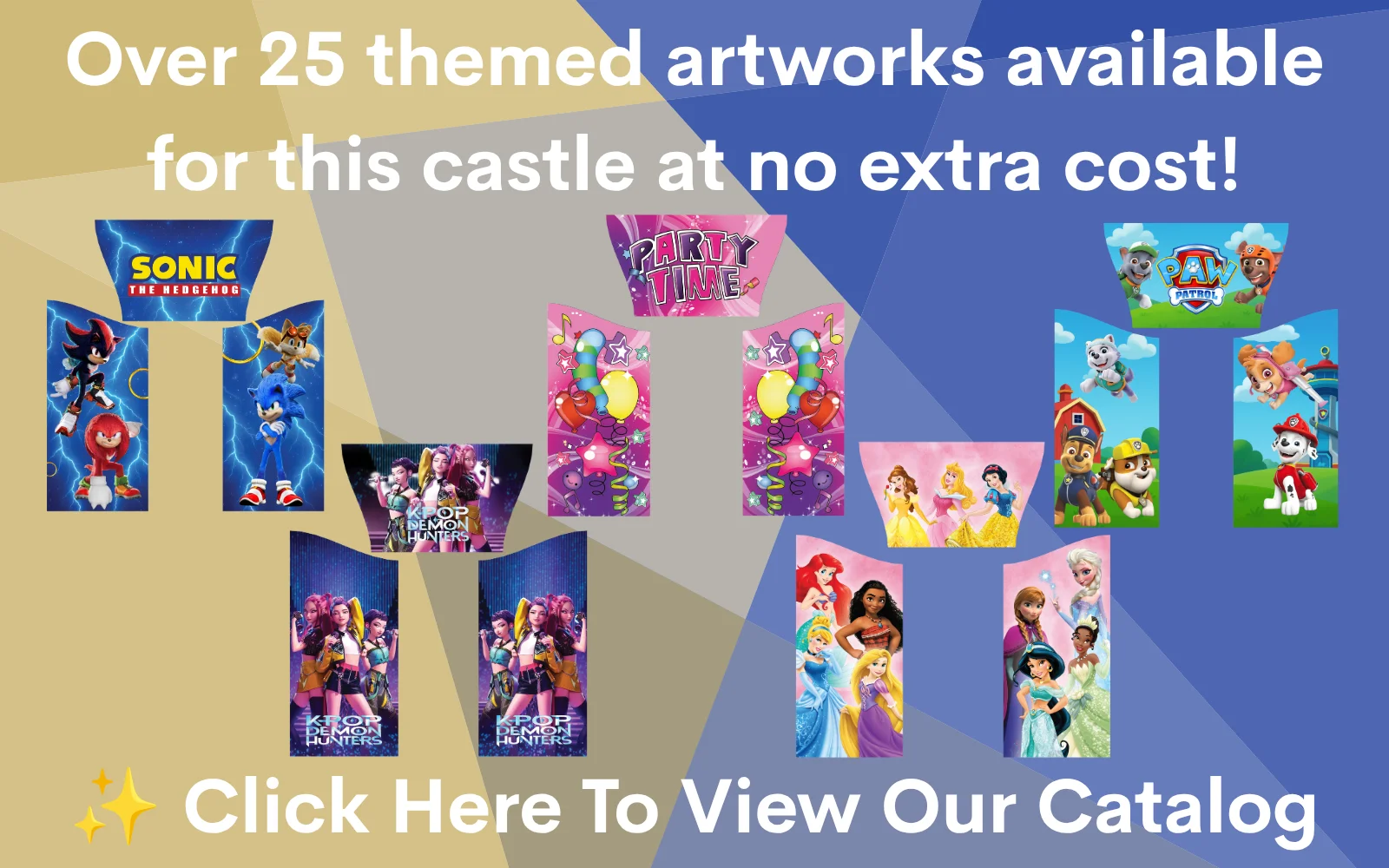 Artwork themes available for the 11×16 Light & Dark Blue A Frame Castle and Slide Combo