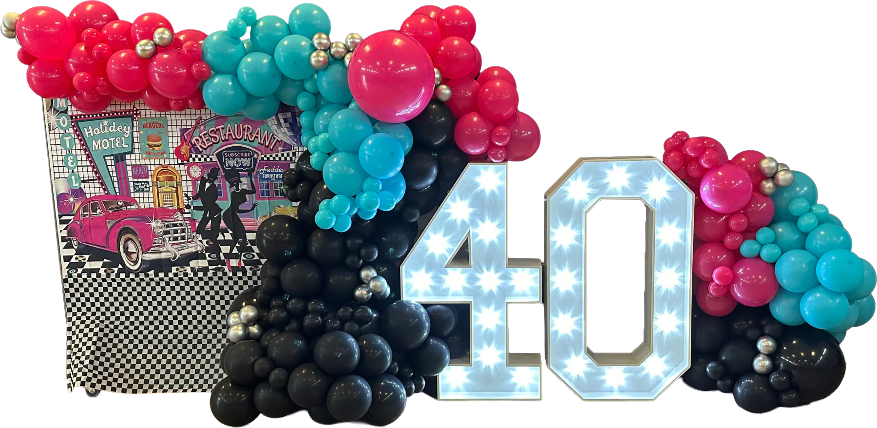 Pink, turquoise and black balloon display with illuminated number 40