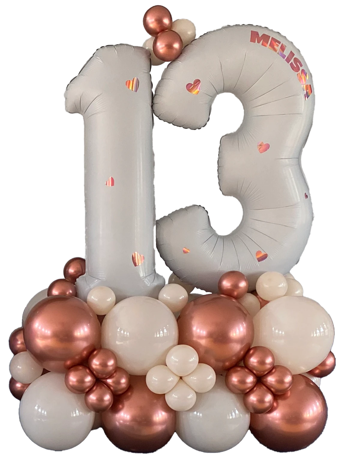 Rose gold and cream personalised number thirteen balloon display