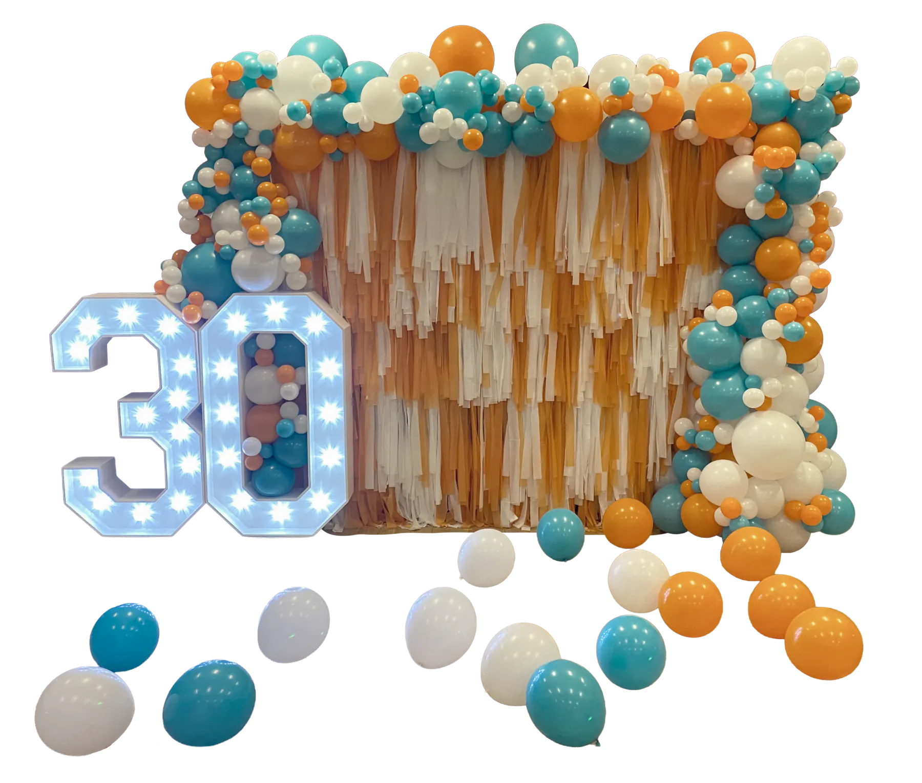 Orange, turquoise and white balloon backdrop with illuminated number 30