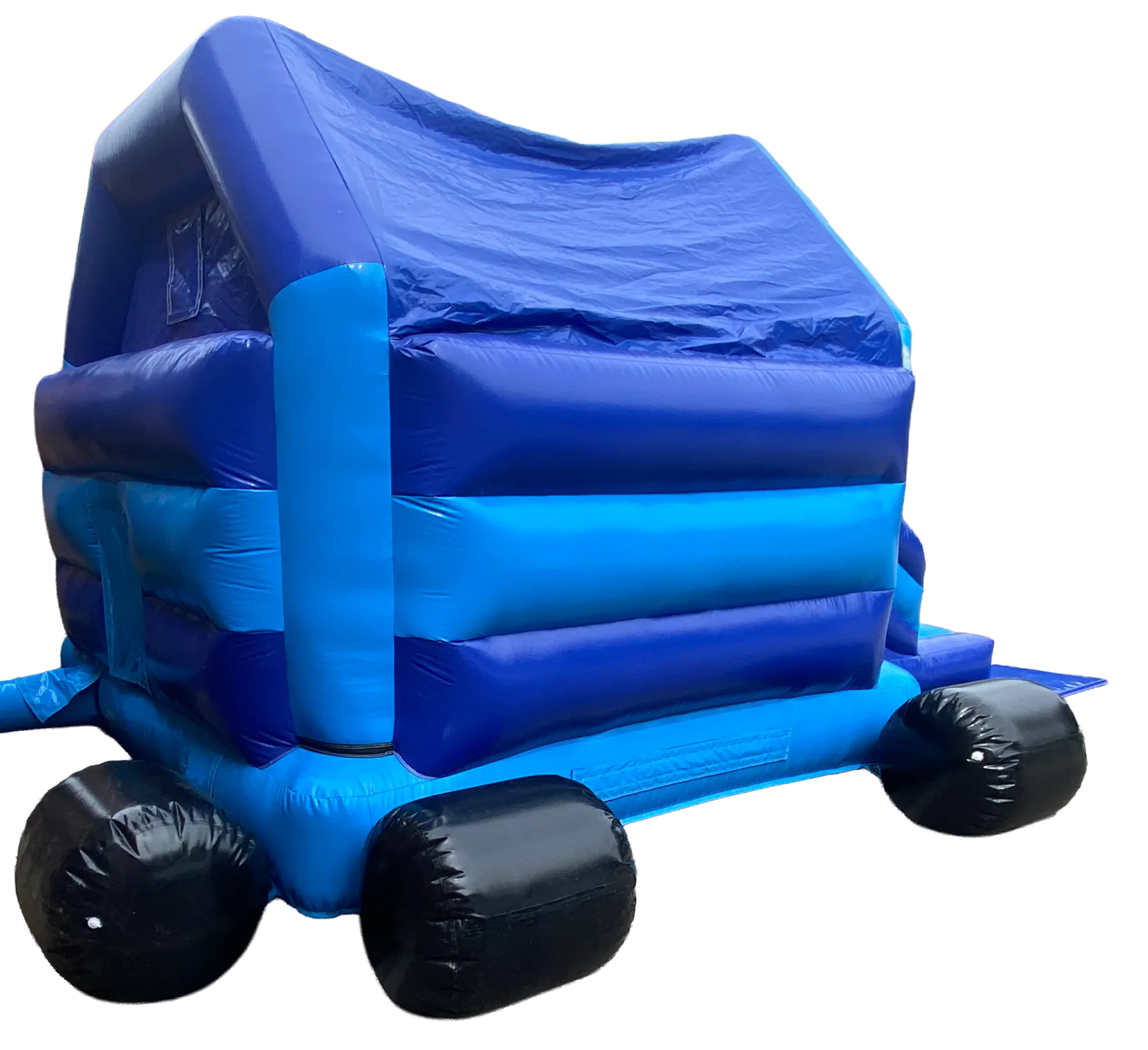 Blue Duo Events inflatable secured with water weights on a hard-standing surface